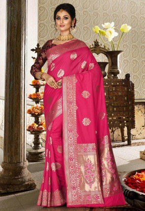 Banarasi Silk Fabric Designer Party Wear Saree In Rani