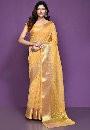 Flameboyant Yellow Banarasi Silk Saree With Magnetic Blouse Piece –  LajreeDesigner