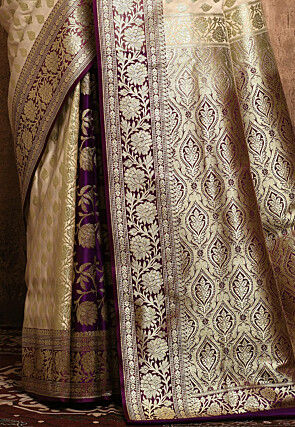 Banarasi Katan Silk Saree in Off White and Purple