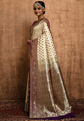 Banarasi Katan Silk Saree in Off White and Purple