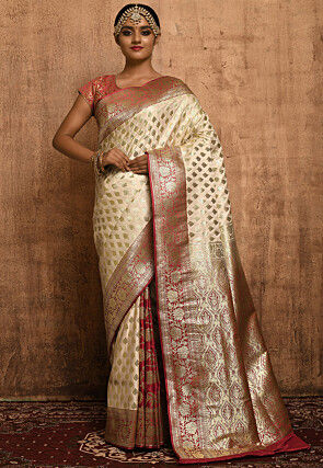 Banarasi Katan Silk Saree in Off White and Red