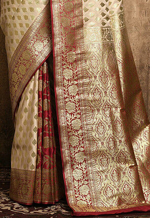 Banarasi Katan Silk Saree in Off White and Red