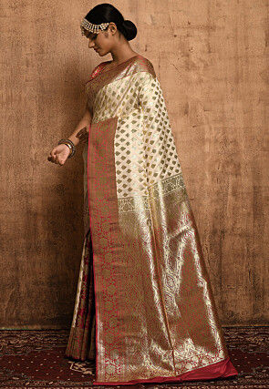 Banarasi Katan Silk Saree in Off White and Red