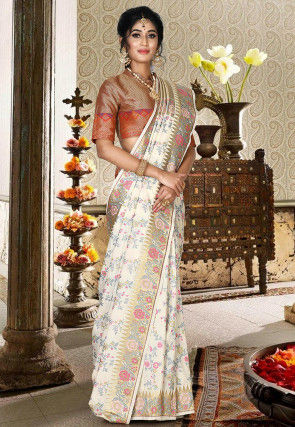 Beautiful Linen Printed Saree with Banglory Satin Blouse | Off white saree,  Saree, Satin blouse