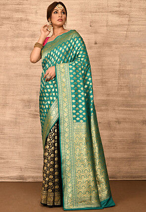 Banarasi Katan Silk Saree in Teal Green and Black