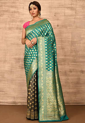 Banarasi Katan Silk Saree in Teal Green and Black