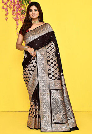 Banarasi Satin Silk Saree in Dark Brown