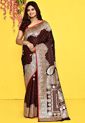 Banarasi Satin Silk Saree in Dark Brown