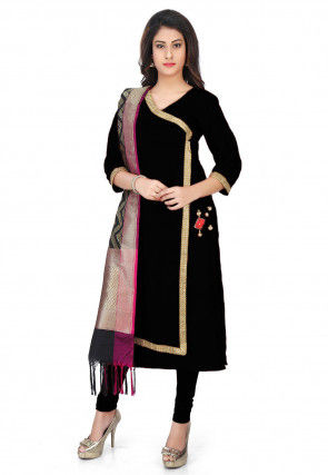 Banarasi Silk Angrakha Style Suit with Pure Silk Dupatta in Black