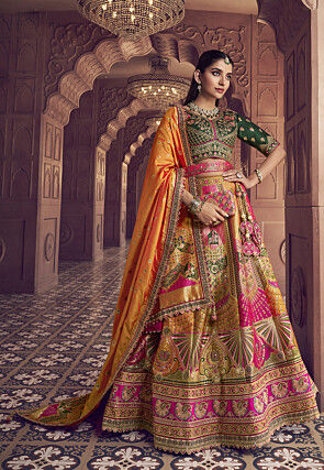 Banarasi Silk Lehenga in Fuchsia and Mustard