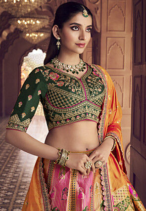 Banarasi Silk Lehenga in Fuchsia and Mustard