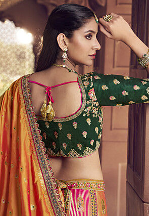 Banarasi Silk Lehenga in Fuchsia and Mustard