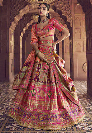 Banarasi Silk Lehenga in Fuchsia and Violet