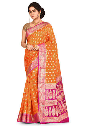  Woven Pure Banarasi Silk Saree in Orange