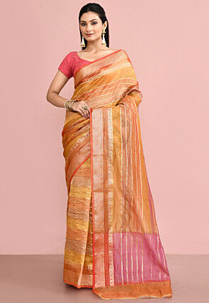 Banarasi Tissue Organza Saree in Orange and Multicolor