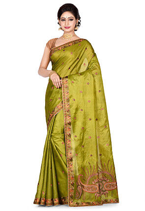 Banarasi Tussar Silk Saree in Olive Green