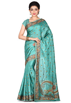 Banarasi Tussar Silk Saree in Turquoise