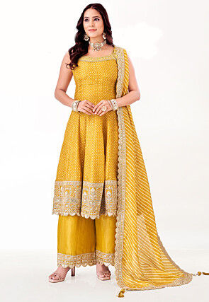 Bandhej Printed Art Silk Pakistani Suit in Mustard