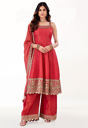 Bandhej Printed Art Silk Pakistani Suit in Red