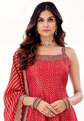 Bandhej Printed Art Silk Pakistani Suit in Red