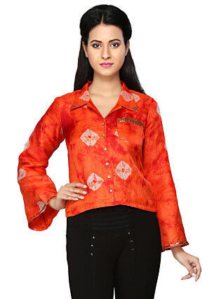 Bandhani Printed Kota Silk Top in Orange