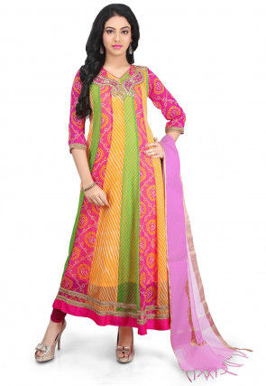 Bandhej and Leheriya Work Georgette Anarkali Suit in Multicolor