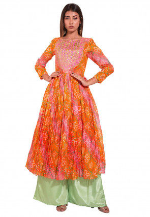 Bandhej Art Kota Silk Pleated Kurta in Orange and Pink