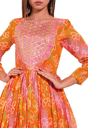Bandhej Art Kota Silk Pleated Kurta in Orange and Pink