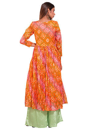 Bandhej Art Kota Silk Pleated Kurta in Orange and Pink