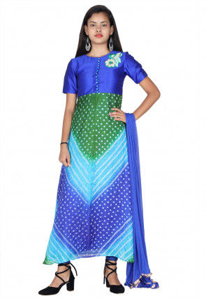 Bandhej Art Silk A Line Suit in Shaded Blue and Green
