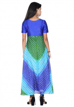 Bandhej Art Silk A Line Suit in Shaded Blue and Green