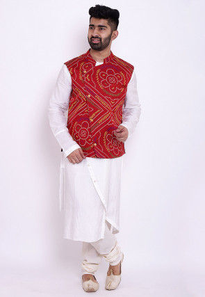 Bandhej Art Silk Asymmetric Kurta Jacket Set in White and Red