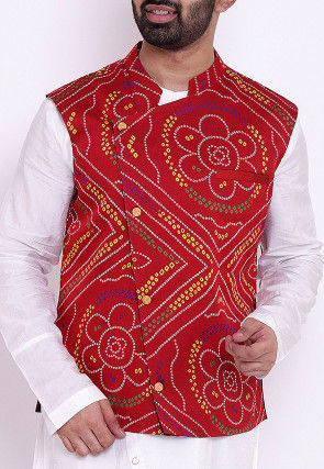 Bandhej Art Silk Asymmetric Kurta Jacket Set in White and Red