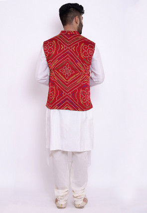 Bandhej Art Silk Asymmetric Kurta Jacket Set in White and Red