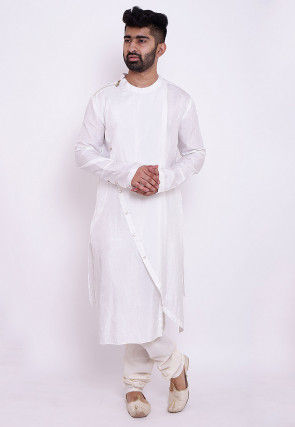 Bandhej Art Silk Asymmetric Kurta Jacket Set in White and Red