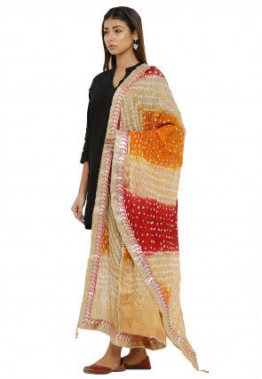Bandhej Art Silk Dupatta in Beige and Red