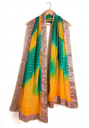 Bandhej Art Silk Dupatta in Mustard and Teal Green