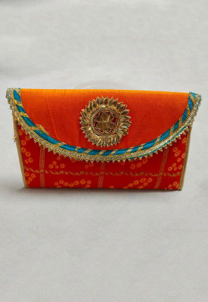 Bandhej Art Silk Envelope Clutch Bag in Orange