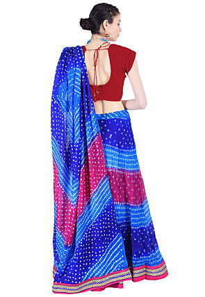 Bandhej Art Silk Lehenga in Blue and Pink