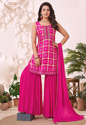 Bandhej Art Silk Pakistani Suit in Fuchsia