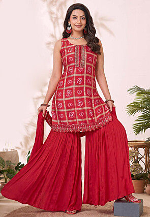 Bandhej Art Silk Pakistani Suit in Red
