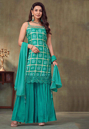 Bandhej Art Silk Pakistani Suit in Teal Green