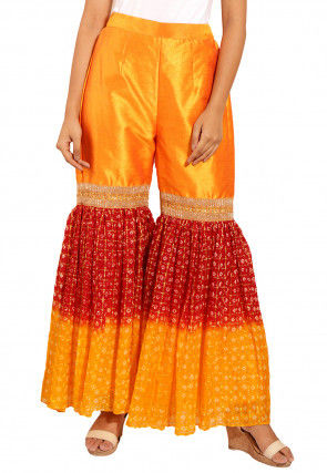 Ghatchola Bandhej Art Silk Sharara in Shaded Maroon and Mustard