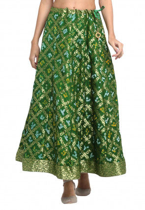 Bandhej Banarasi Silk Skirt in Dark Green