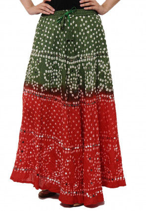 Bandhej Cotton Skirt in Olive Green and Red