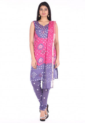 Bandhej Cotton Straight Suit in Pink and Light Purple