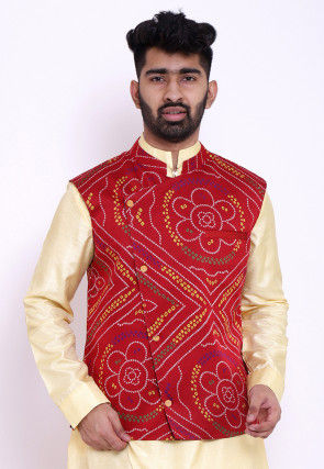 Bandhej Crepe Nehru Jacket in Red