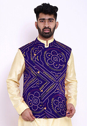Bandhej Crepe Nehru Jacket in Royal Blue