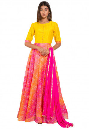 Bandhej Kota Silk Abaya Style Suit in Shaded Orange and Pink