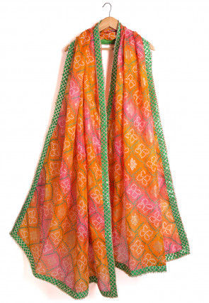 Bandhej Kota Silk Dupatta in Orange and Pink